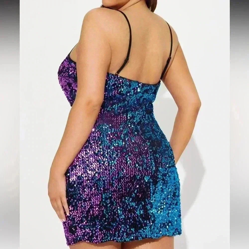 NWT! Small SHOWGIRL Bright Light Sequin Mini Dress Purple Combo - Picture 2 of 6